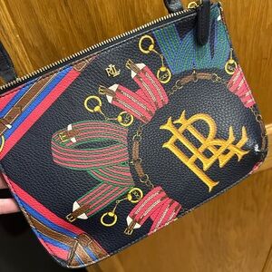 Ralph Lauren Navy Leather Crossbody with Multicolor Equestrian Print